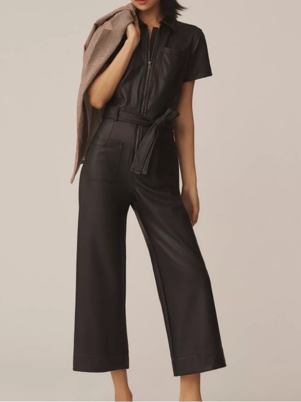 Maeve Anthropologie Colette Crop Weekend Jumpsuit Vegan Leather Black Zip Up